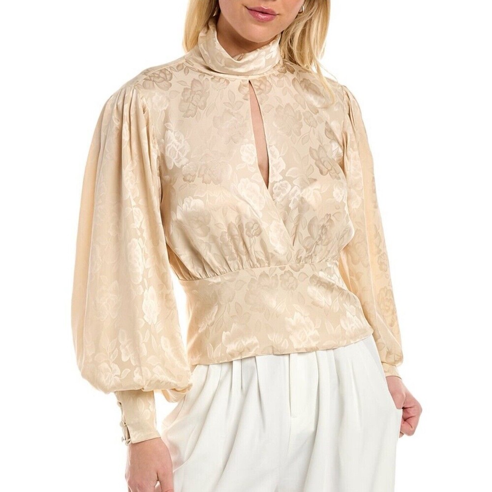 RONNY KOBO Zion Bishop-Sleeve Keyhole Jacquard Top In Pearled Ivory  Sz M New